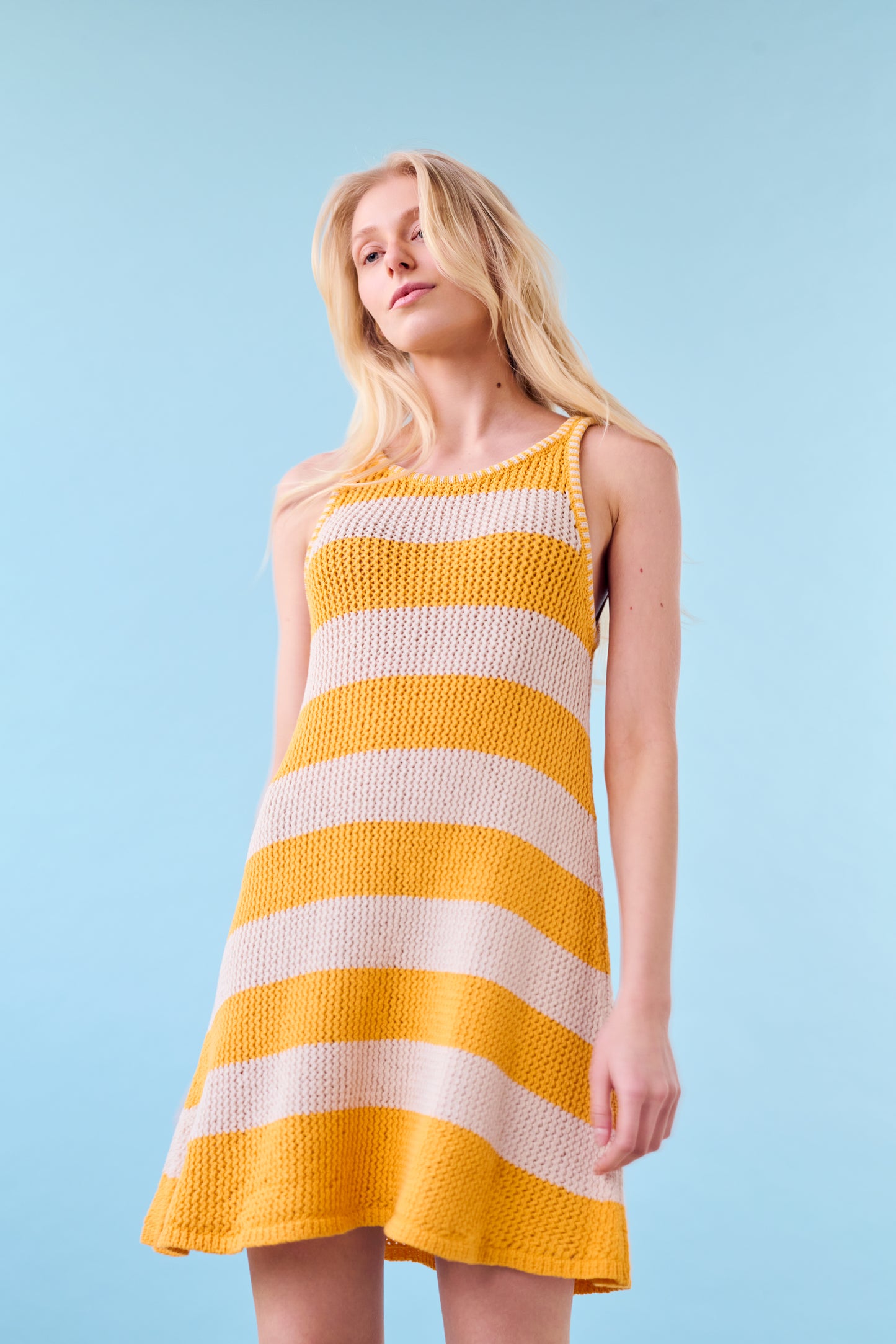Mesh Cotton Tank Dress in Yellow and Natural