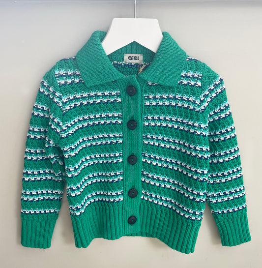 Stripe Polo Cotton Cardgan In Green Multi
