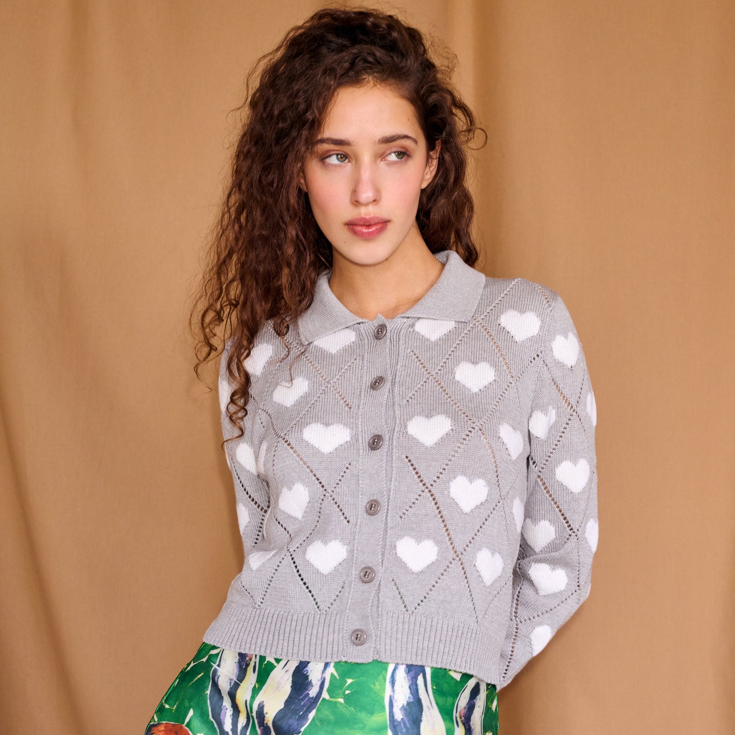Love Polo Cardigan in Light Grey & Ivory