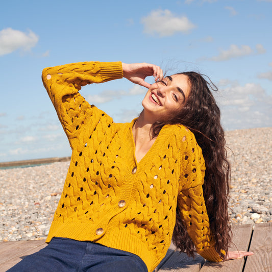 Open Cable Cotton Cardigan in Mustard