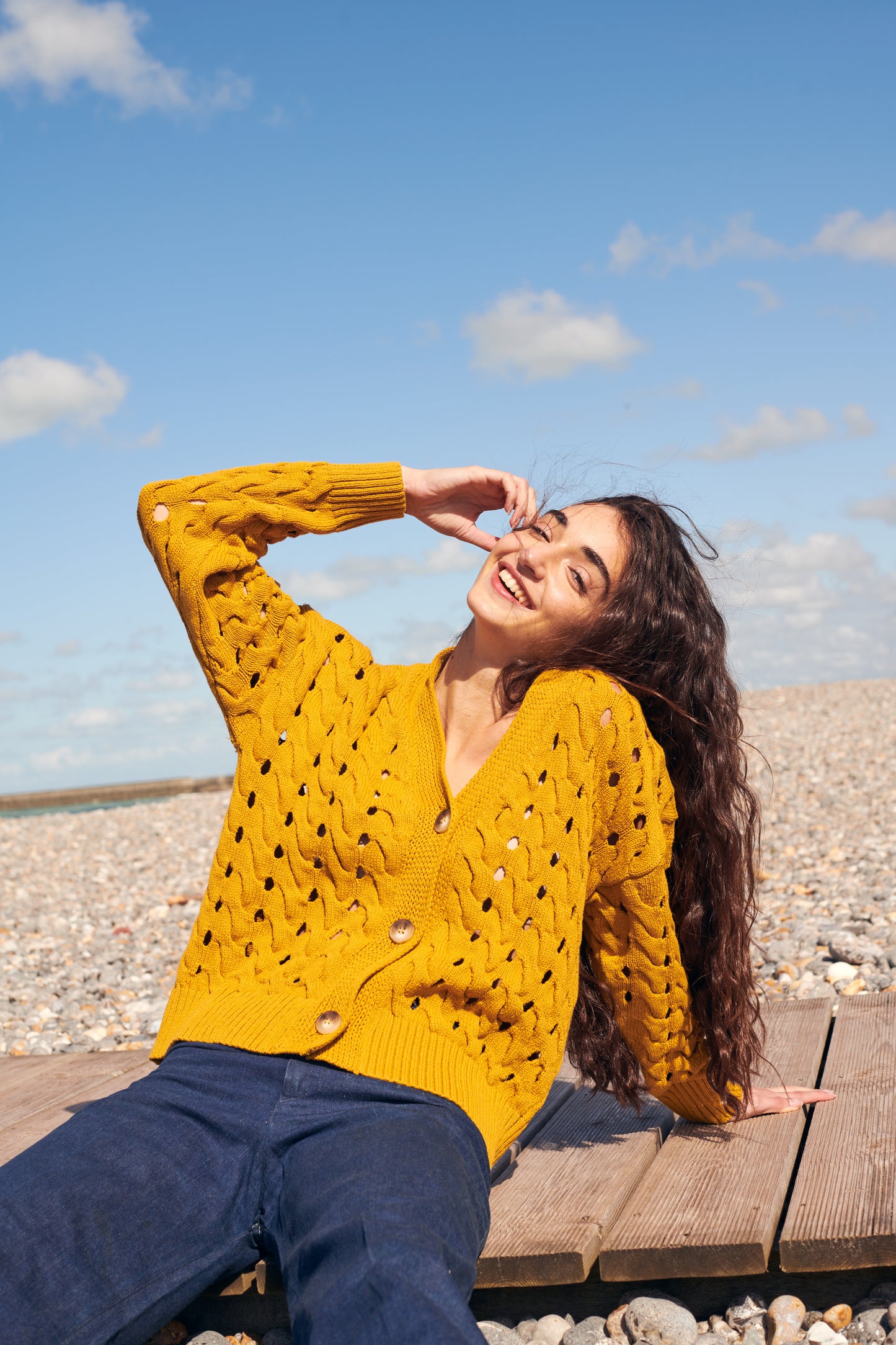 Open Cable Cotton Cardigan in Mustard