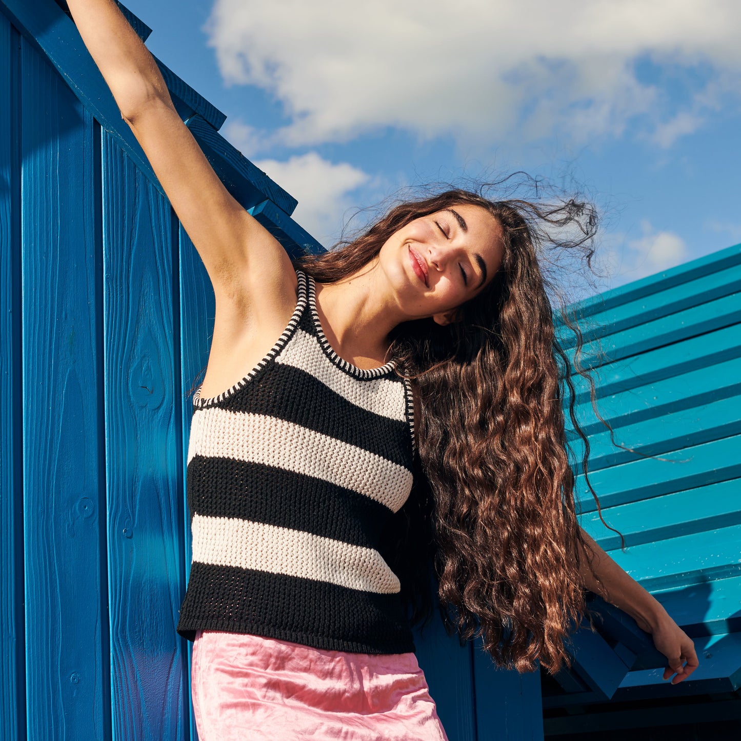 Mesh Cotton Tank Top in Black and White Stripe