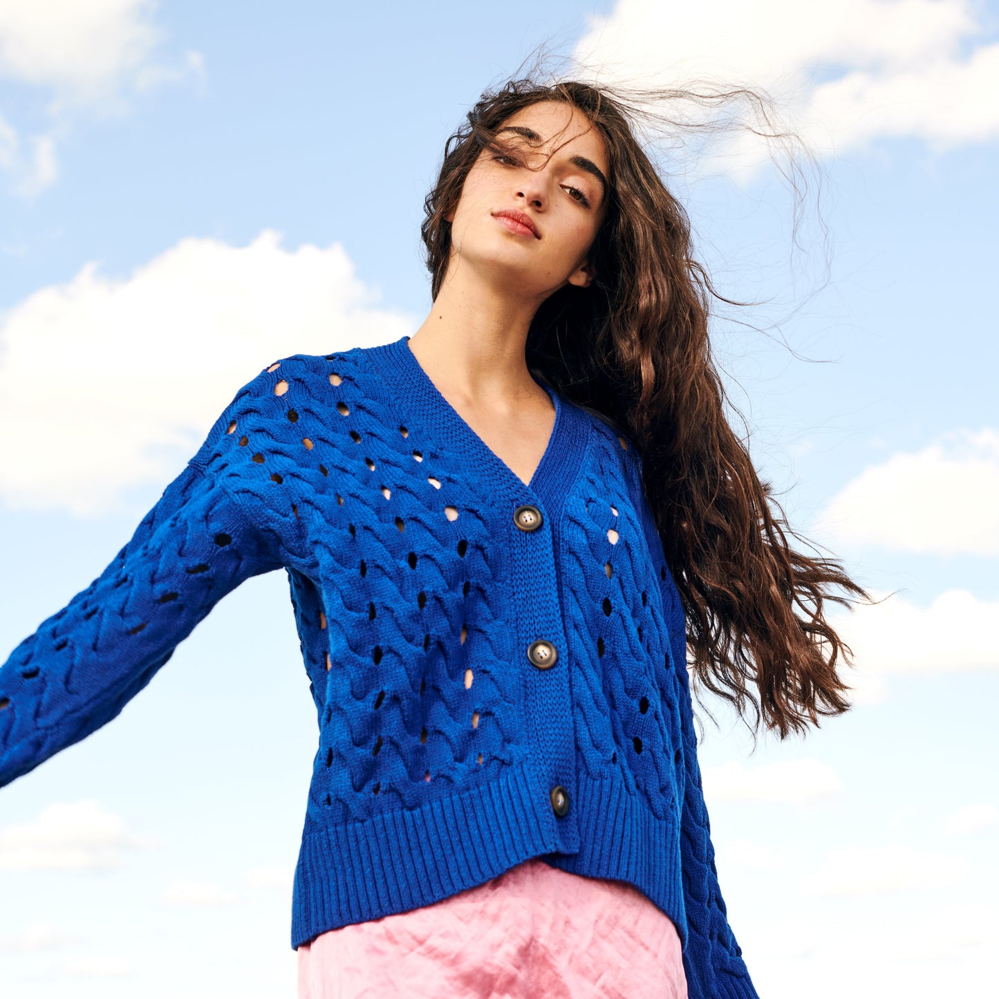 Open Cable Cotton Cardigan in Cobalt Blue