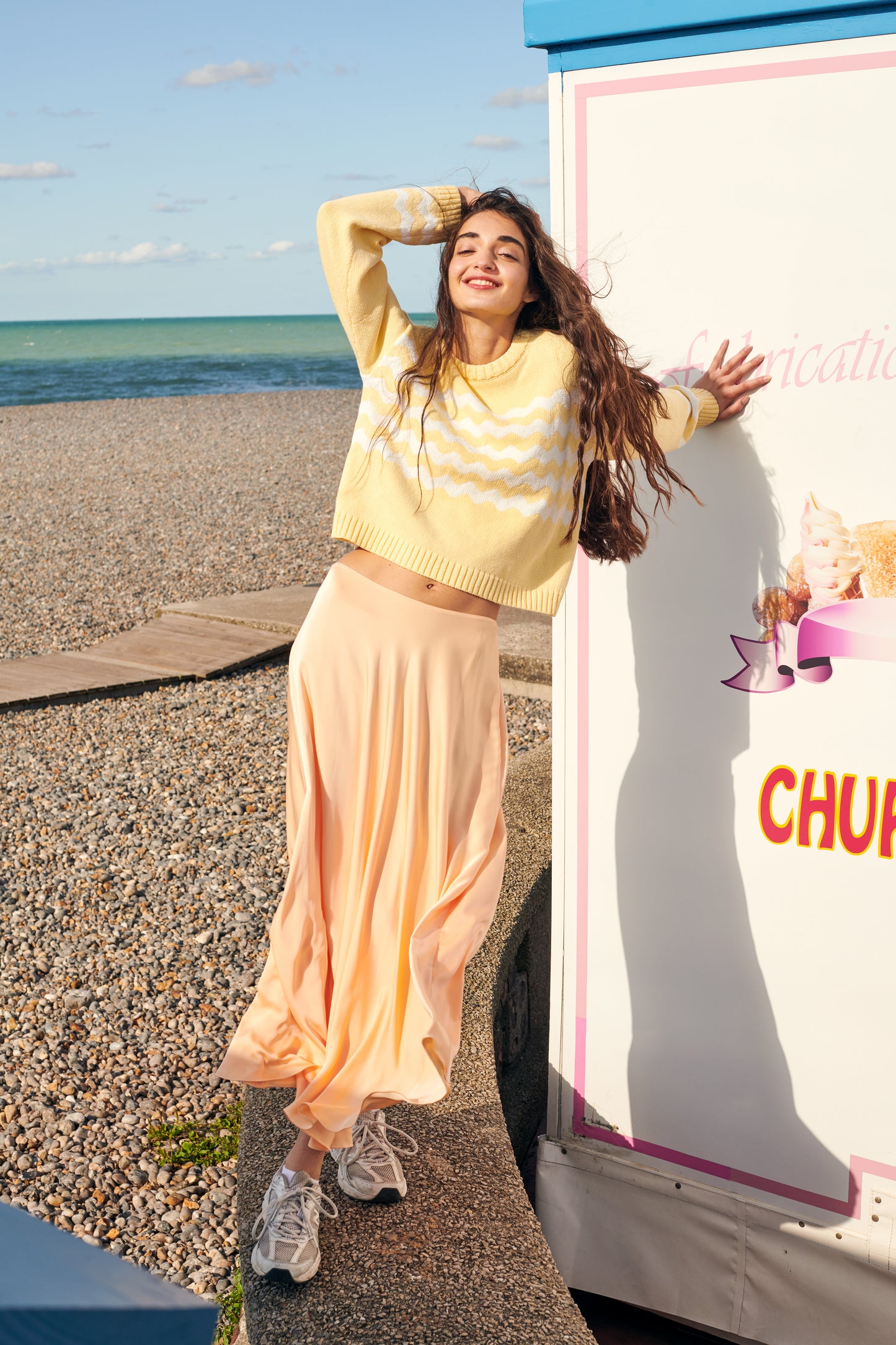 Wavy Stripe Cotton Sweater in Light Yellow