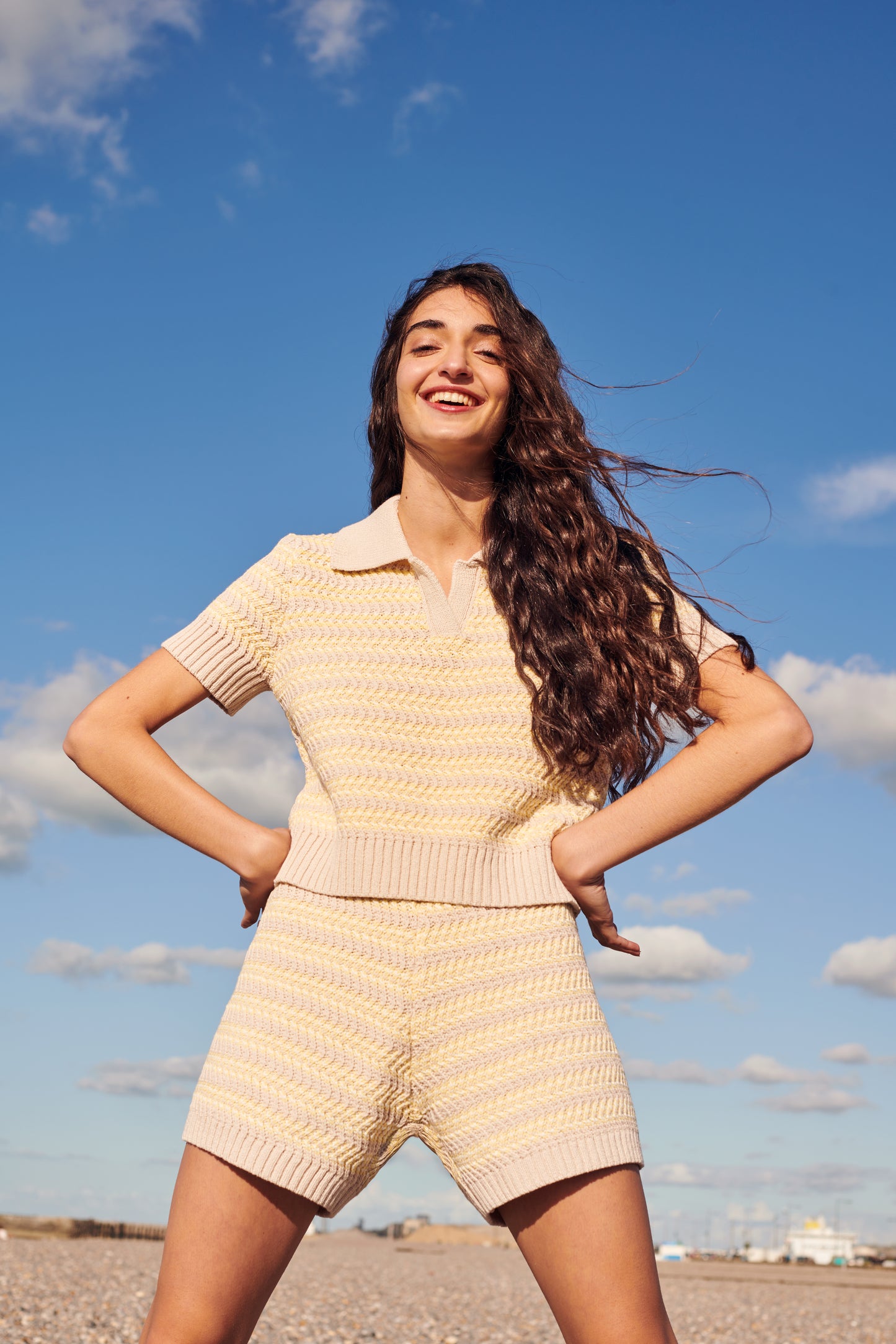 Stripe Polo Top In Natural Beige Multi