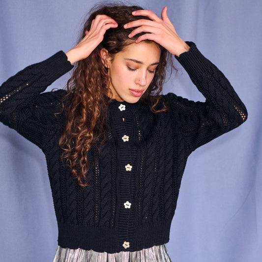 Ailis Eyelet Cardigan in Black