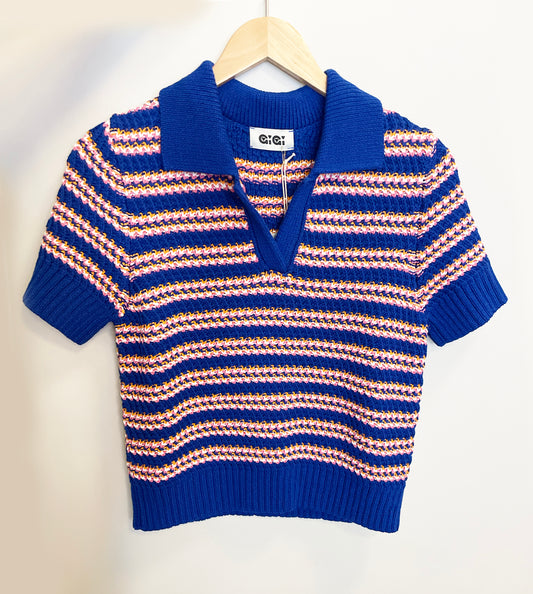 Stripe Polo Top In Cobalt Blue Multi