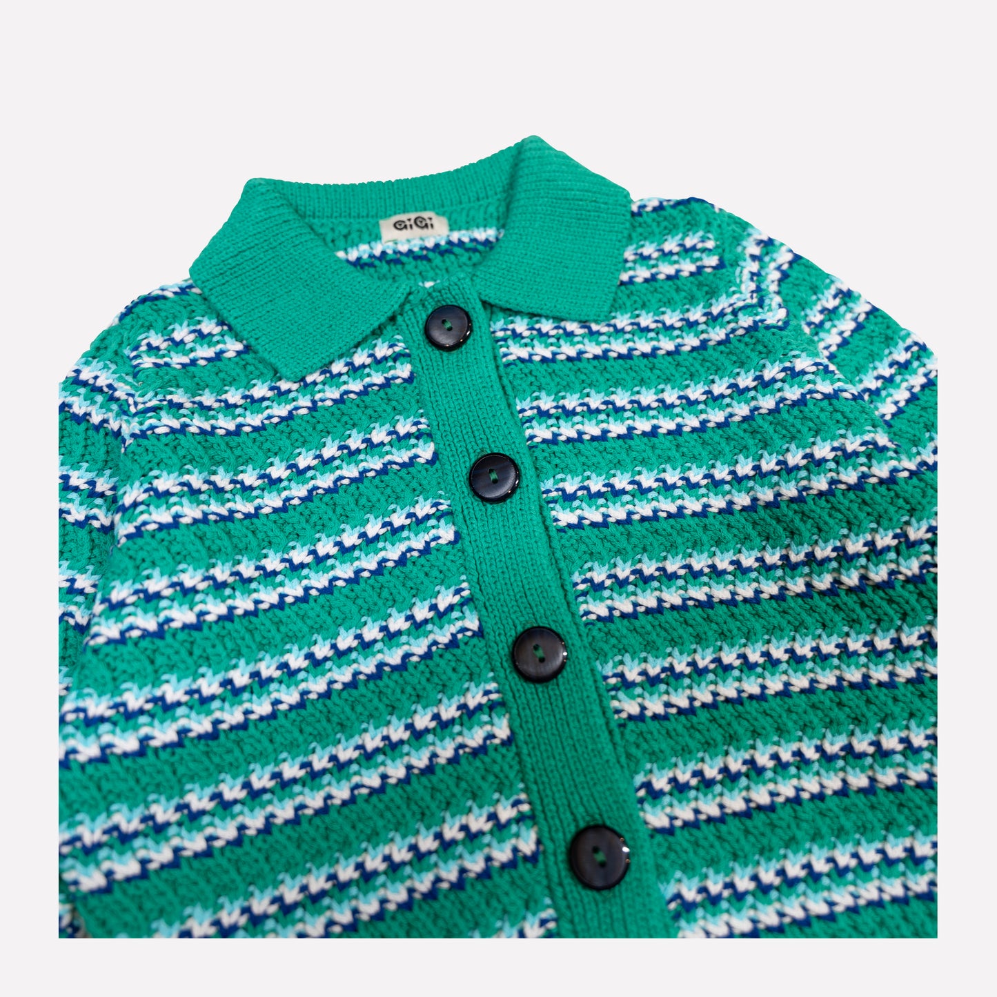 Stripe Polo Cotton Cardgan In Green Multi